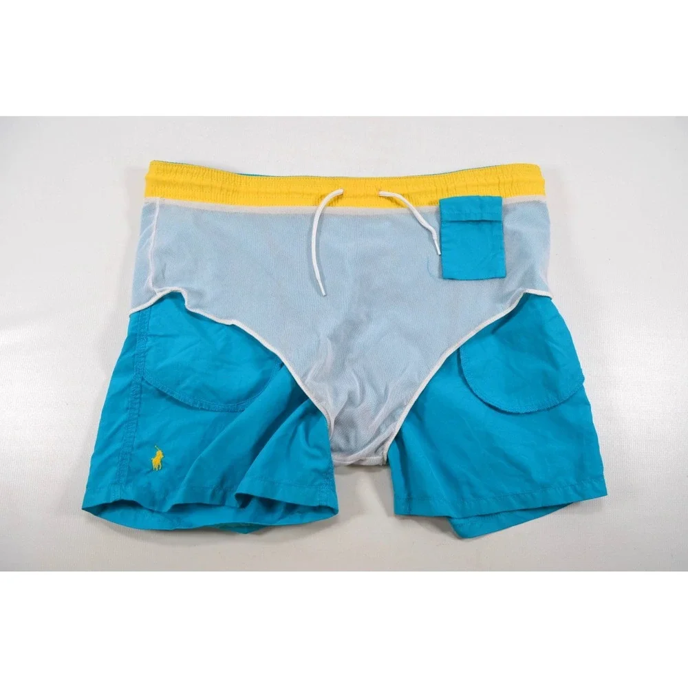 Polo Ralph Lauren Blue Swim Trunks Mens L Mesh Brief Drawstring‎ Yellow Pony